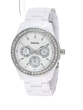 Fossil Stella watch featuring a crystal-accented bezel and resin bracelet